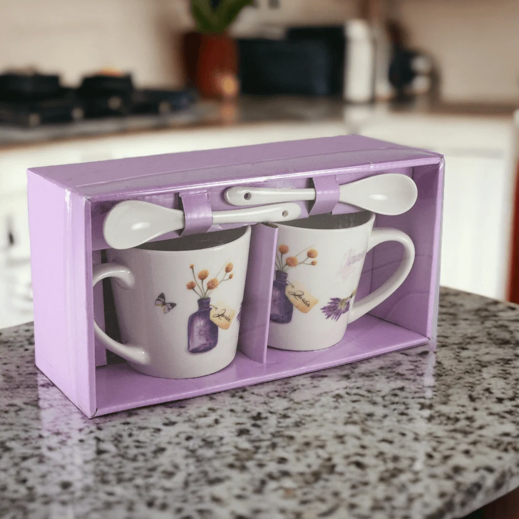 Set doua cani 170 ml, alb cu vaza si lavanda, imagine 3