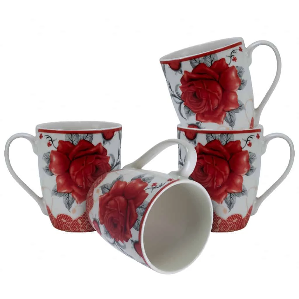 Set 4 Tassen 280 ml, weiß mit trandafir rot