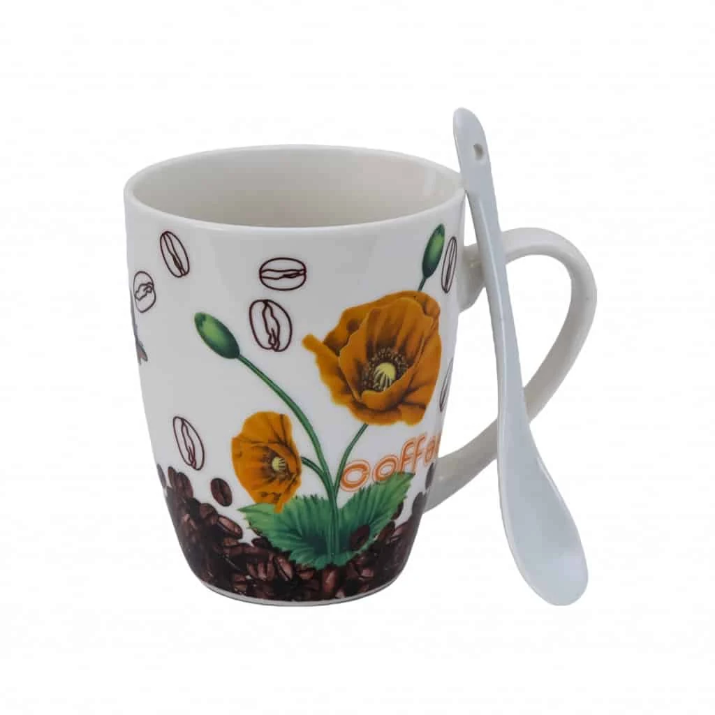 Cana cu lingurita Alb cu mac portocaliu, 280 ml