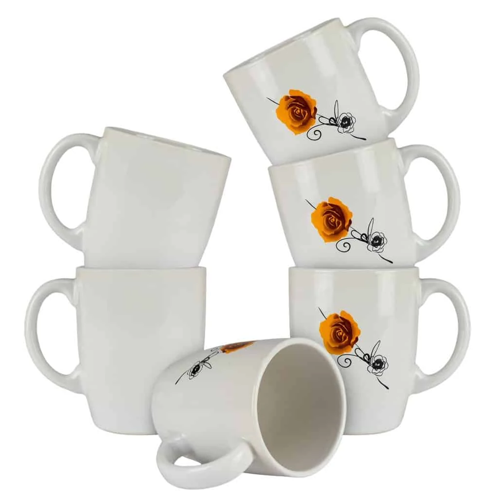 Set 6 Becher weiß glänzend mit trandafir gelb, 300 ml