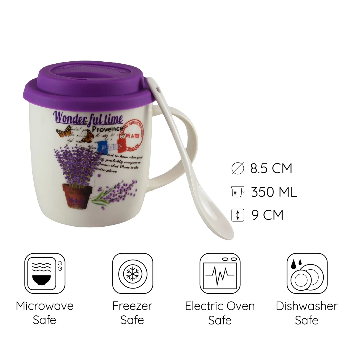Cana cu capac si lingurita 350 ml, alb cu design paris, imagine 2
