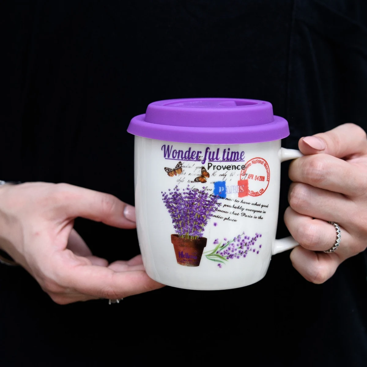 Cana cu capac si lingurita 350 ml, alb cu design paris, imagine 3