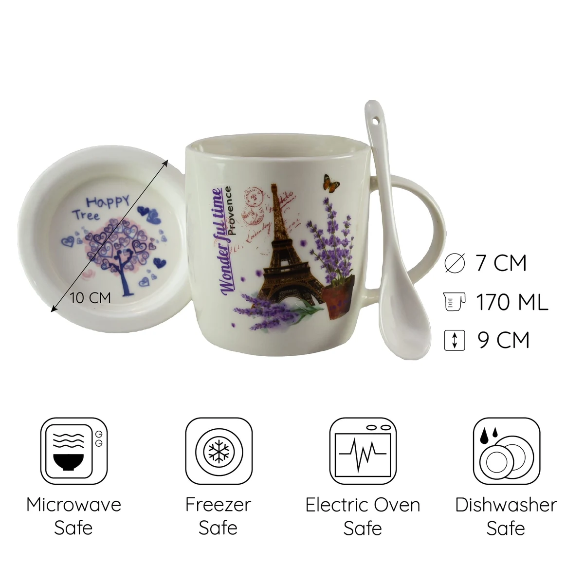 Cana cu farfurie si lingurita 350 ml, alb cu design paris, imagine 2