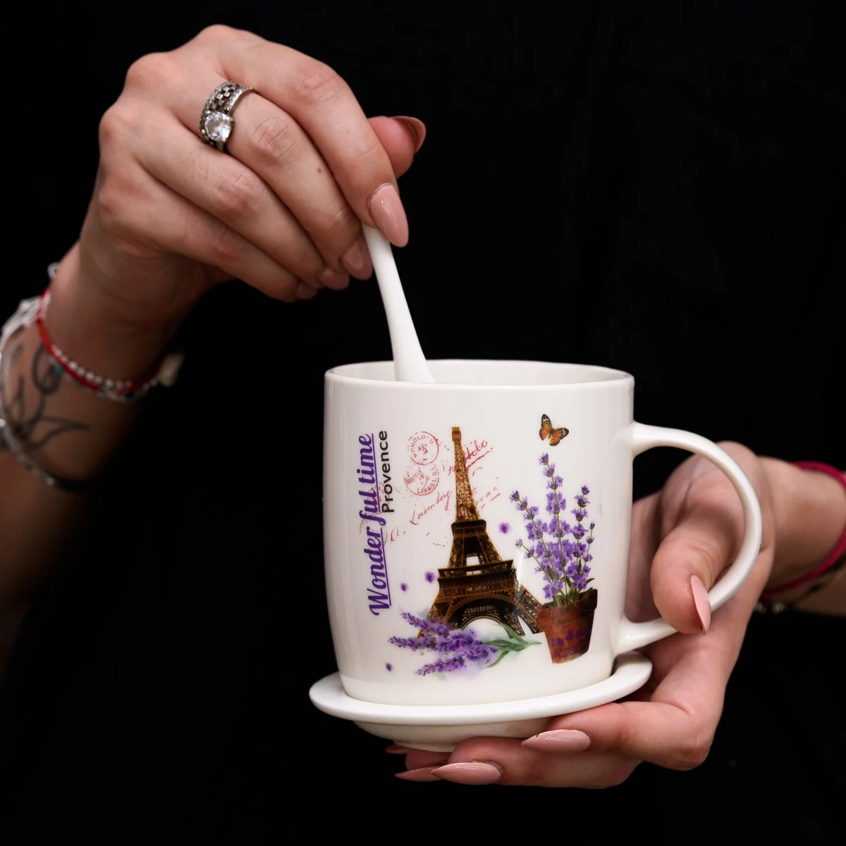 Cana cu farfurie si lingurita 350 ml, alb cu design paris, imagine 5