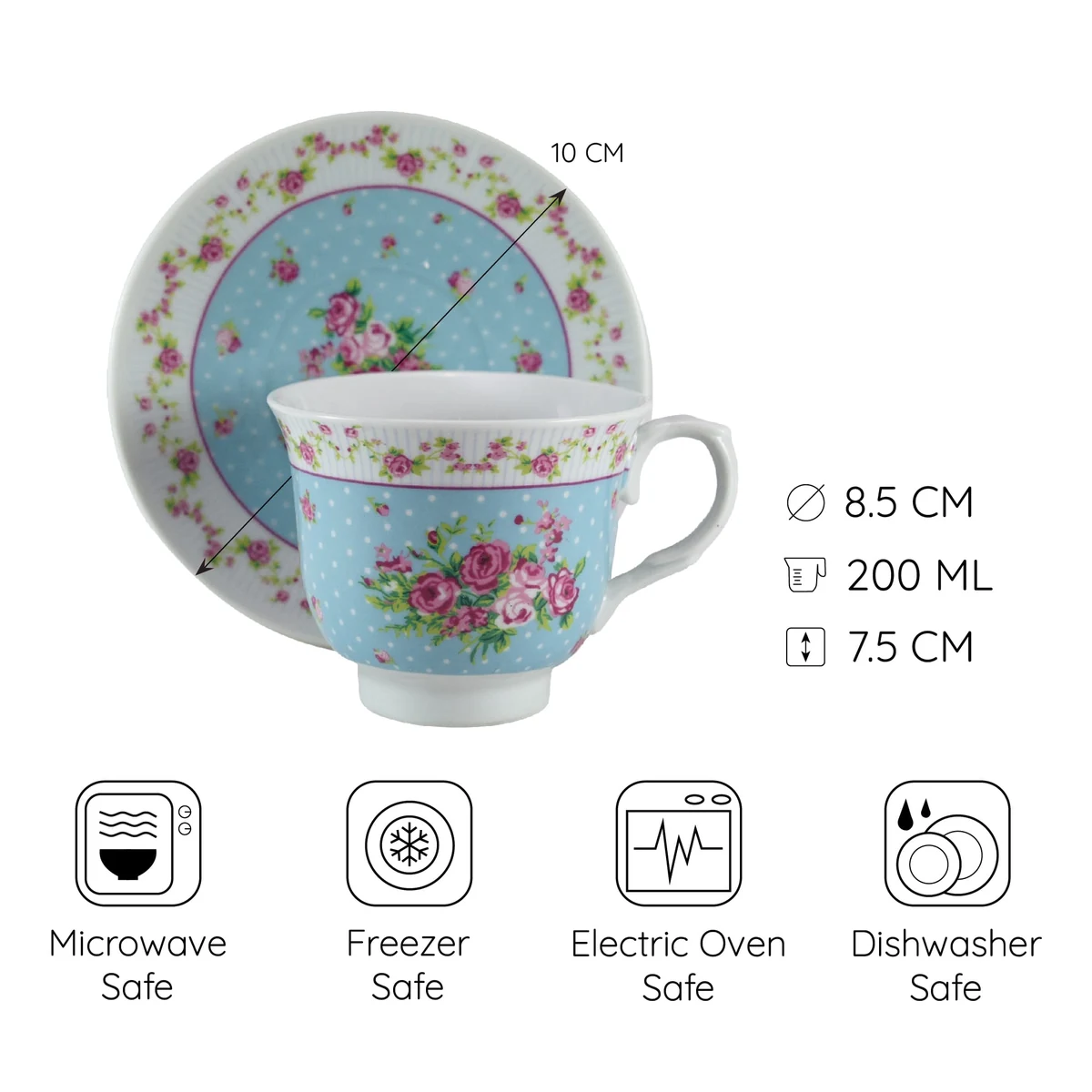 Set 6 cesti, 200 ml, alb cu design floral, imagine 2