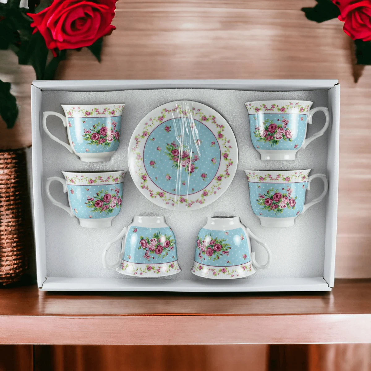 Set 6 cesti, 200 ml, alb cu design floral, imagine 5