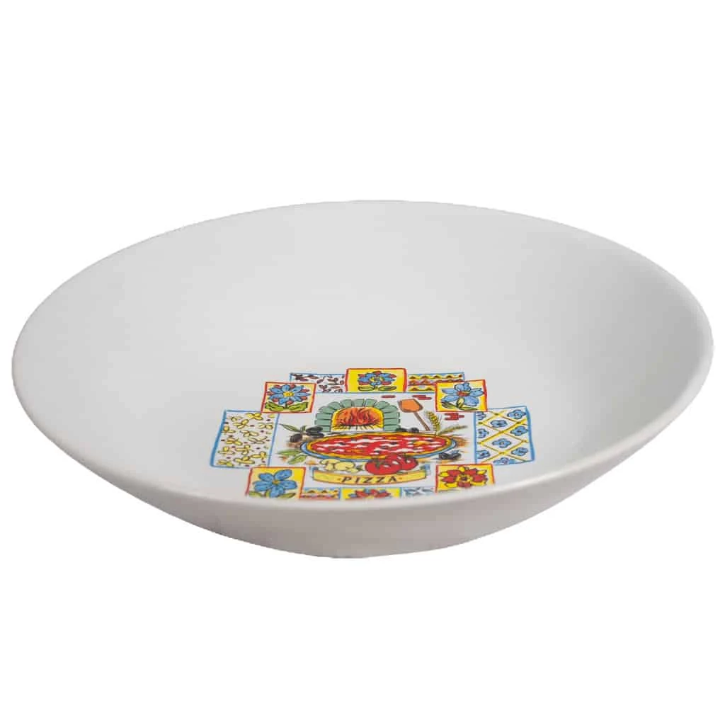 Farfurie adanca cu tablouri flori si pizza, 21 cm, Alb Artic