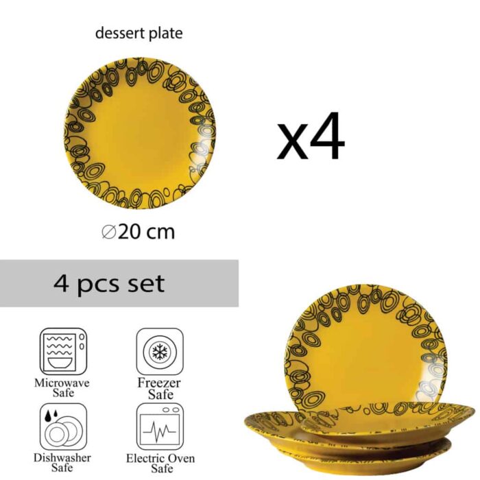 Set 4 farfurii desert, 20 cm, Galben Mat cu cercuri