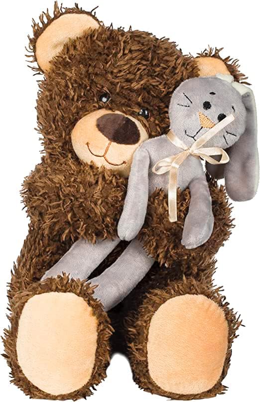 Ursuleț maro, 27 cm, Ursuleț de pluș cu prieten Iepuraș de pluș, Jucărie de pluș pentru copii, fete și băieți