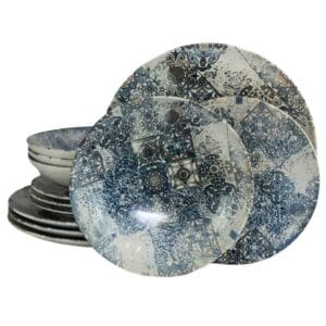 Set farfurii 12 piese, 4 persoane, Blue Tiles, Alb Ivoire cu Albastru