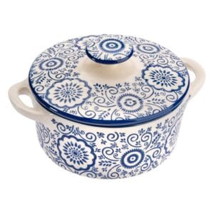 Bol din Portelan Alb cu Modele Bleu & Capac pentru Supa 600ml