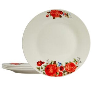Set farfurii intinse 23 cm, 4 persoane, Ivoire cu trandafir rosu