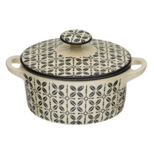 Bol din Portelan Bej cu Modele Negre & Capac pentru Supa 700ml