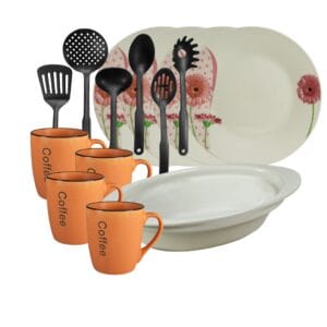 Set masa 4 pers, 15 piese, cana portocalie, farfurie intinsa, tava termorezistenta, ustensile bucatarie, Portelan Margareta