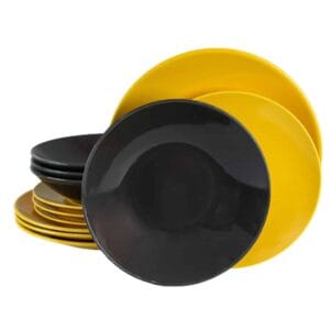 Set farfurii 12 piese, 4 persoane, Sunflower, Gri inchis/Galben