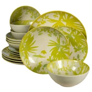 Set farfurii 16 piese, 4 persoane, Hawaii, Alb ivoire cu frunze verde-galbui