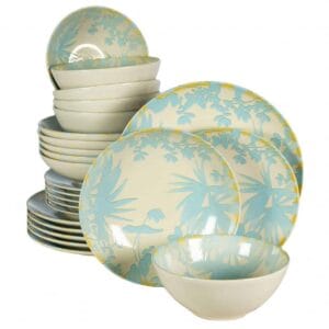 Set farfurii 24 piese, 6 persoane, Hawaii, Alb ivoire, frunze albastru deschis