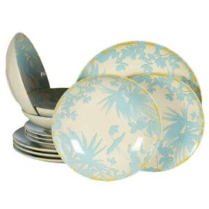 Set farfurii 12 piese, 4 persoane, Hawaii, Alb ivoire, frunze albastru inchis