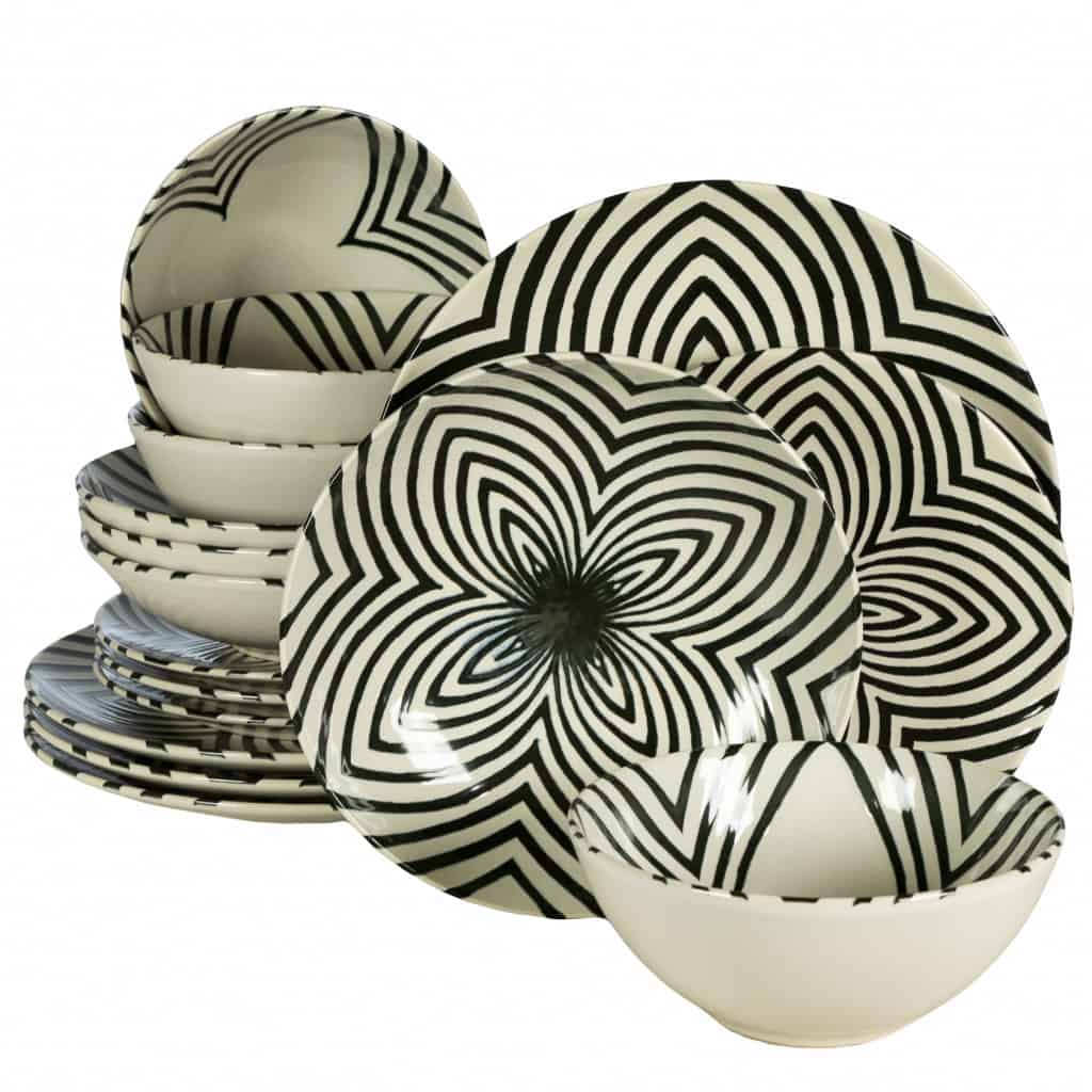 Set farfurii 16 piese, 4 persoane, Hypnosis, Alb ivoire cu linii negre