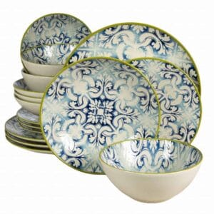 Set farfurii 16 piese, 4 persoane, Marocco, Alb ivoire cu albastru