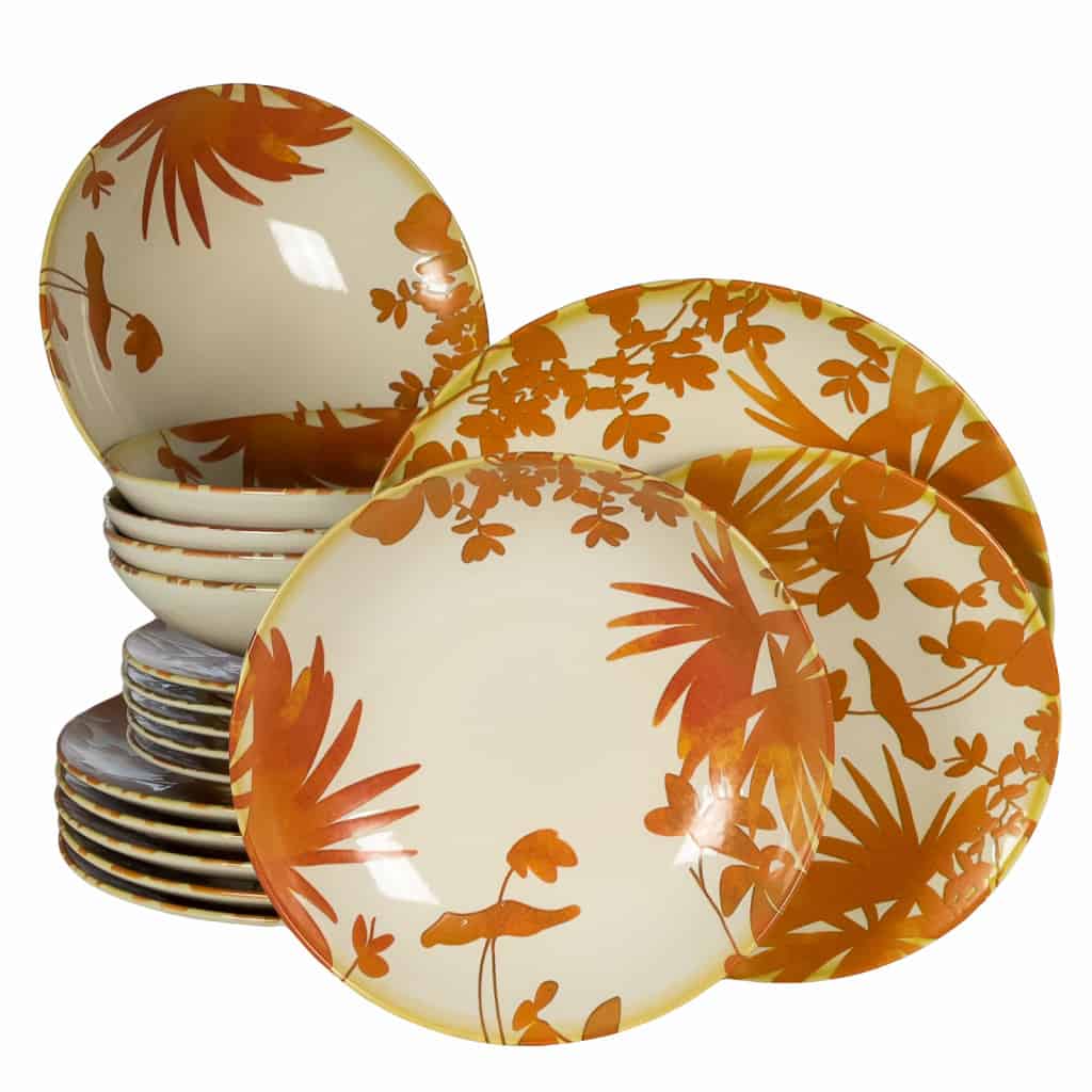 Set farfurii 18 piese, 6 persoane, Hawaii, Alb ivoire, frunze portocalii