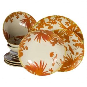 Set farfurii 12 piese, 4 persoane, Hawaii, Alb ivoire, frunze portocalii