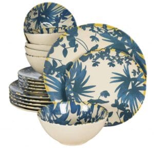 Set farfurii 18 piese Hawaii Alb Ivoire cu frunze albastru inchis