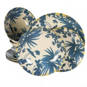 Set farfurii 12 piese, 4 persoane, Hawaii, Alb Ivoire, frunze albastru inchis