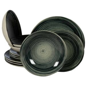 Set farfurii 12 piese, 4 persoane, Whirlwind, Alb Ivoire cu negru