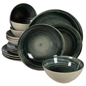 Set farfurii 16 piese, 4 persoane, Whirlwind, Alb Ivoire cu negru