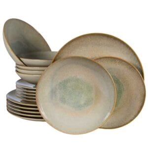 Set farfurii 18 piese, 6 persoane, Shell, Crem cu margine maro