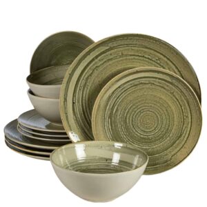 Set farfurii 12 piese, 4 persoane, Sand, Alb Ivoire lucios, gri-verzui