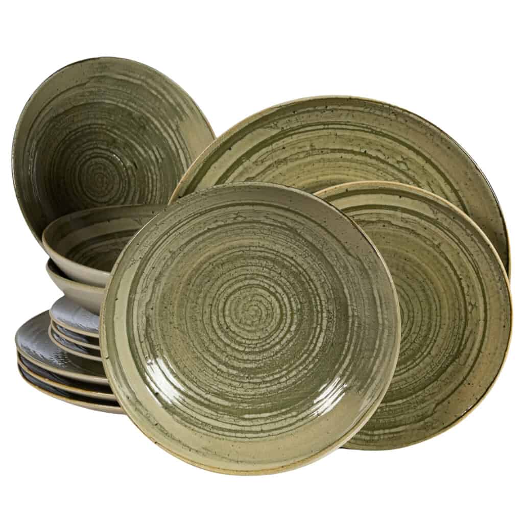 Set farfurii 12 piese, 4 persoane, Sand, Alb Ivoire, gri-verzui