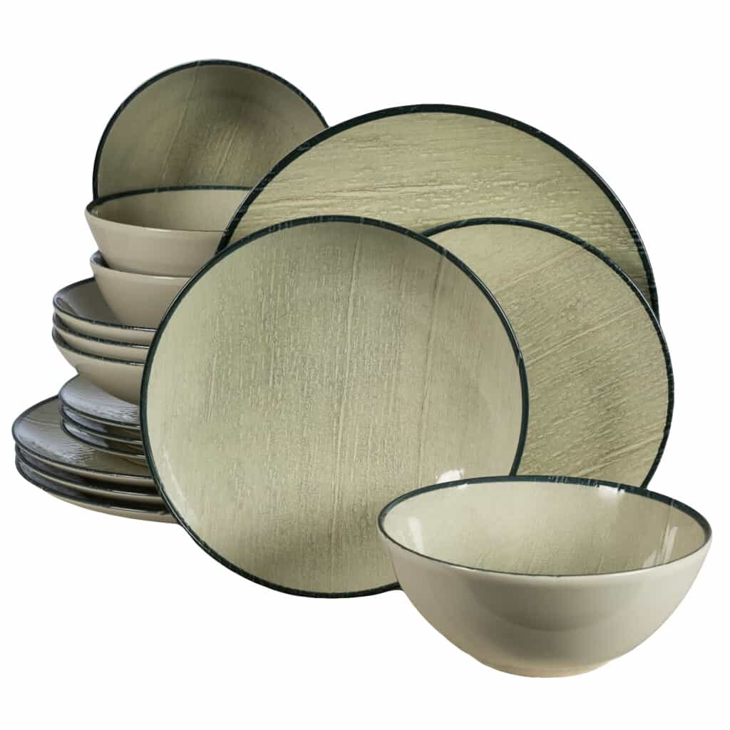 Set farfurii 16 piese, 4 persoane, Sand, Alb Ivoire, margine neagra