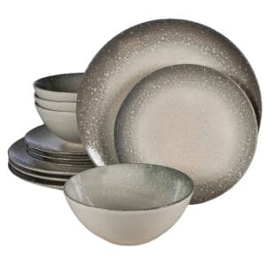 Set farfurii 12 piese, 4 persoane, Stone, Alb Ivoire cu gri, lucios