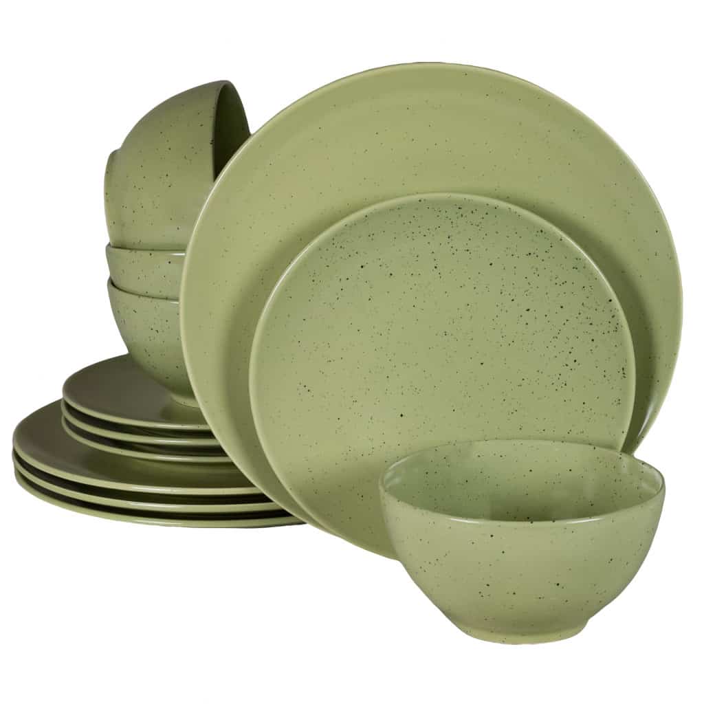 Set farfurii 12 piese, 4 persoane, Sage, Verde Mat cu puncte negre