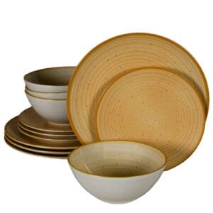 Set farfurii 12 piese, 4 persoane, Sundown, Alb Ivoire lucios, galben