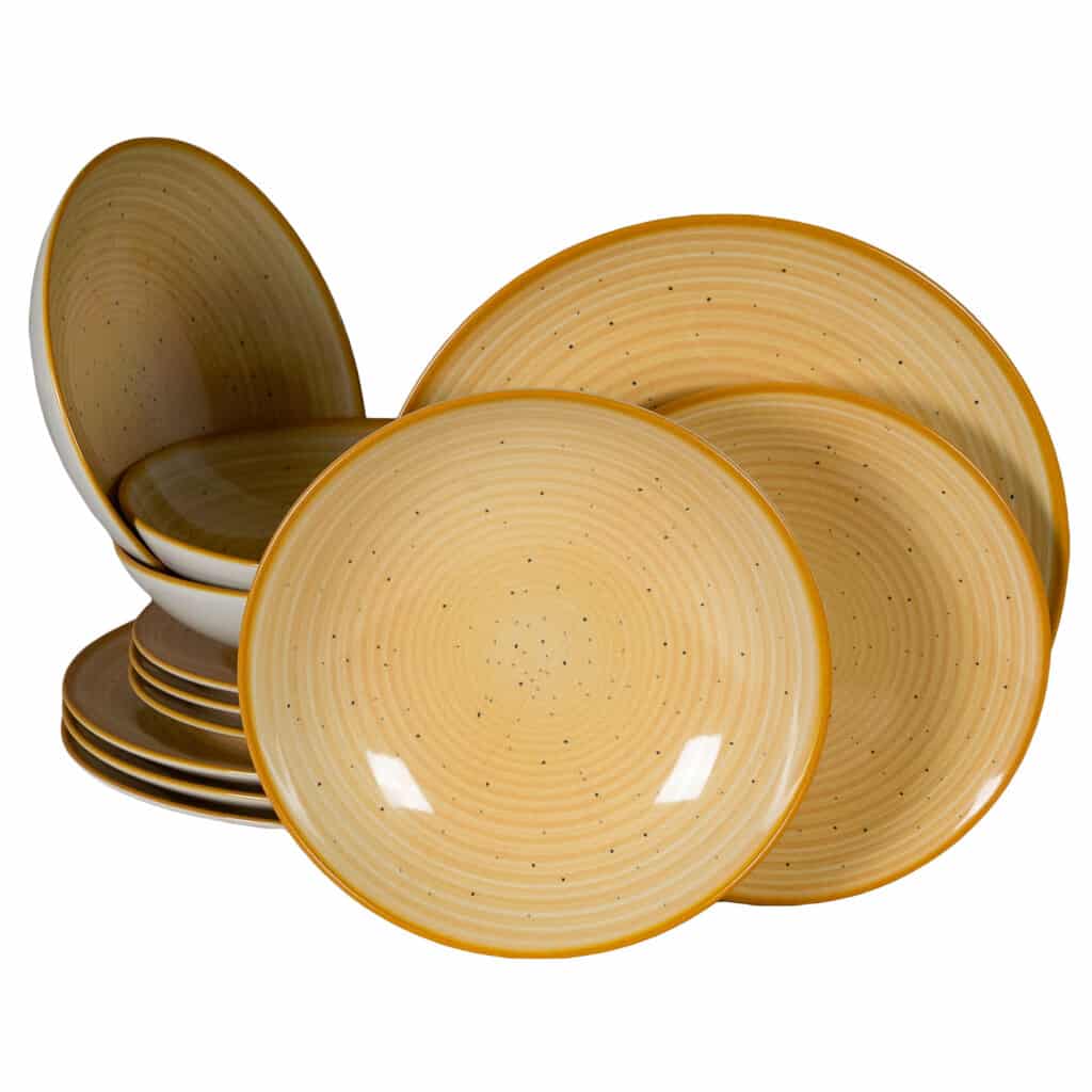 Set farfurii 12 piese, 4 persoane, Sundown, Alb Ivoire cu galben