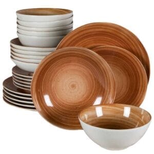 Set farfurii 24 piese, 6 persoane, Earth, Alb Ivoire cu maro