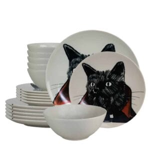 Set farfurii 18 piese, 6 persoane, Dracula Cat, Alb Ivoire cu Pisica