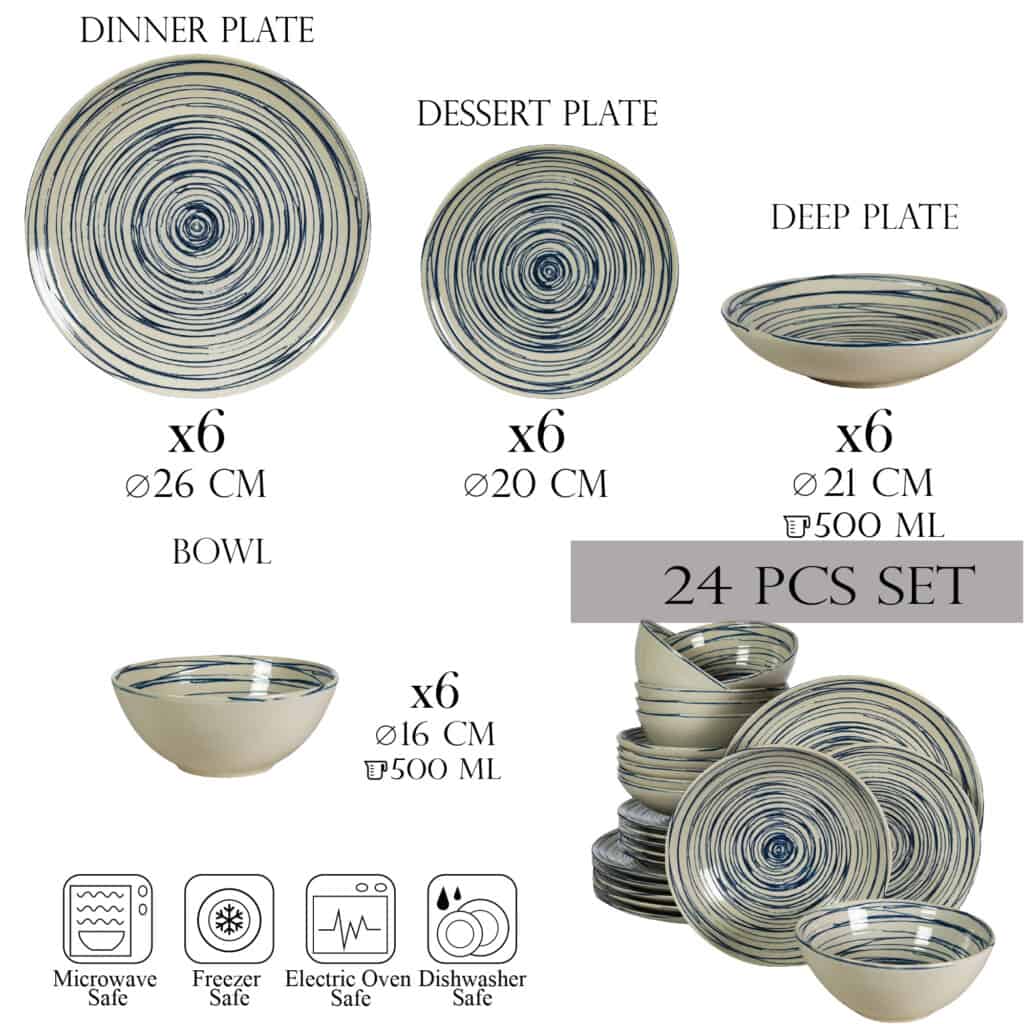 Set farfurii 24 piese, 6 persoane, Alb Ivoire cu albastru - imagine 2
