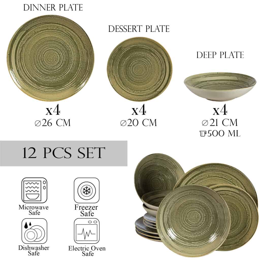 Set farfurii 12 piese, 4 persoane, Sand, Alb Ivoire, gri-verzui - imagine 2