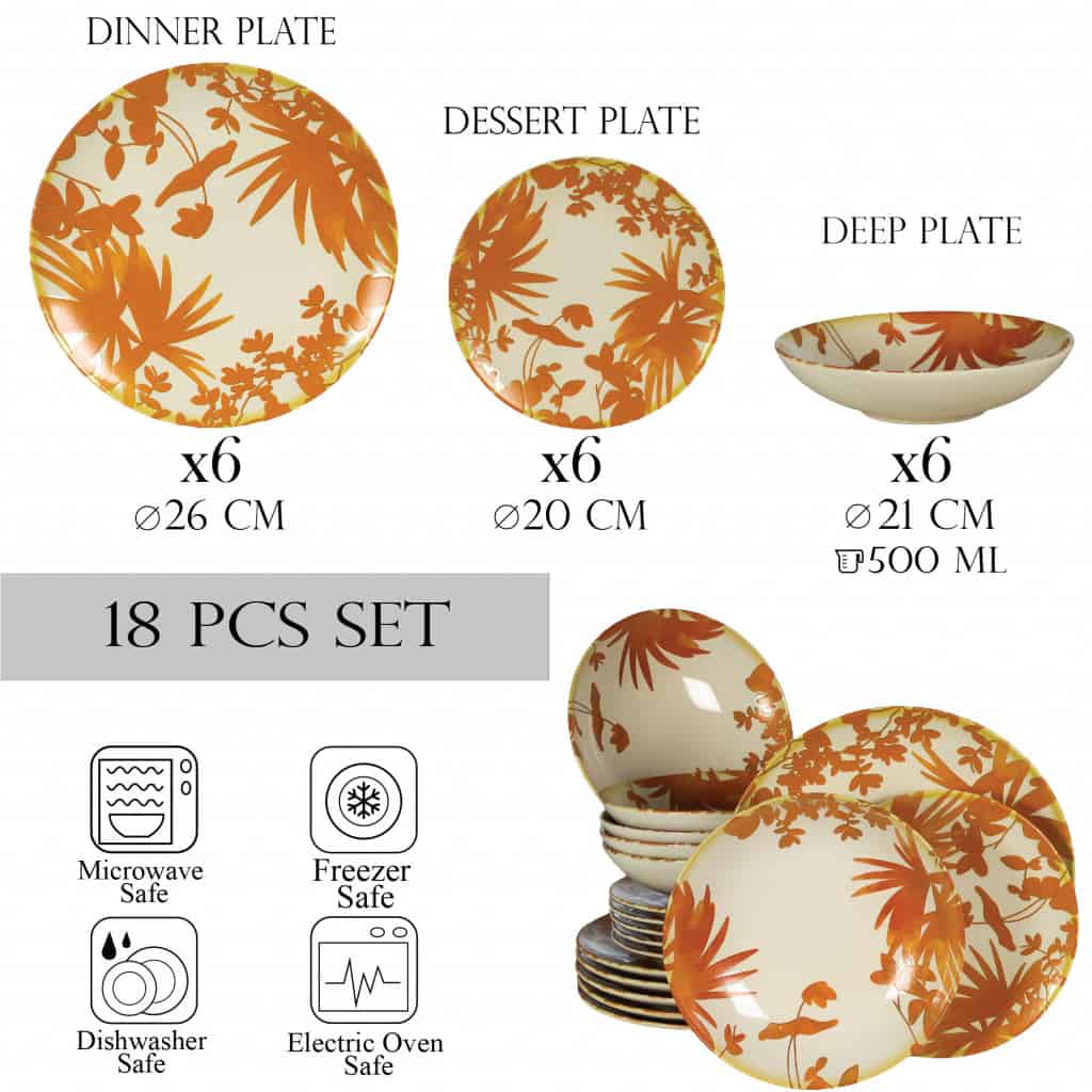 Set farfurii 18 piese, 6 persoane, Hawaii, Alb ivoire, frunze portocalii - imagine 2