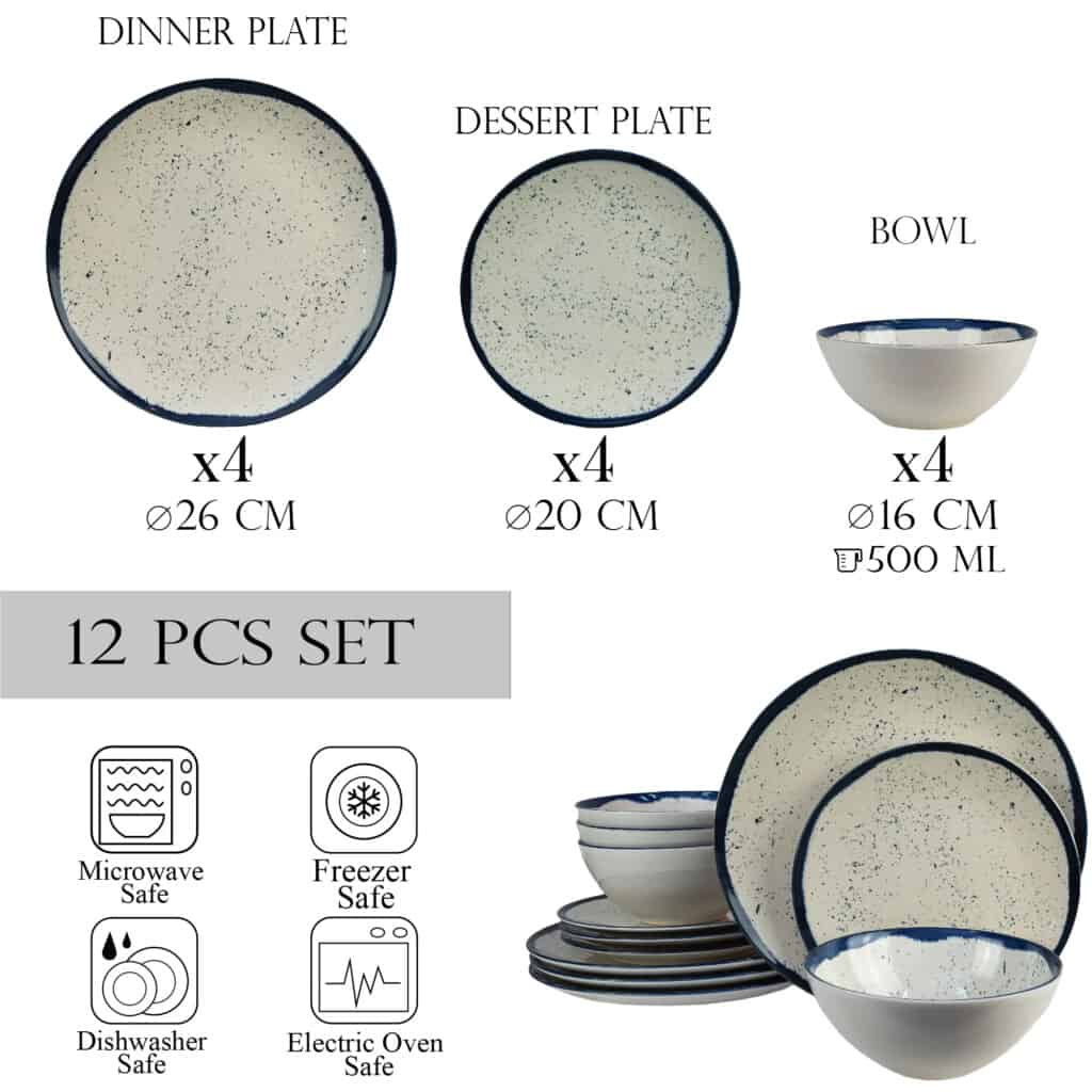 Set farfurii 12 piese, 4 persoane, Anchor, Alb Ivoire/Albastru - imagine 2