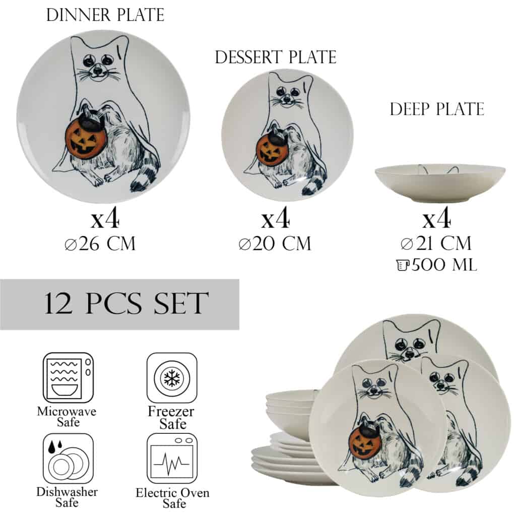 Set farfurii 12 piese, 4 persoane, Pumpkin Cat, Ivoire cu Pisica - imagine 2