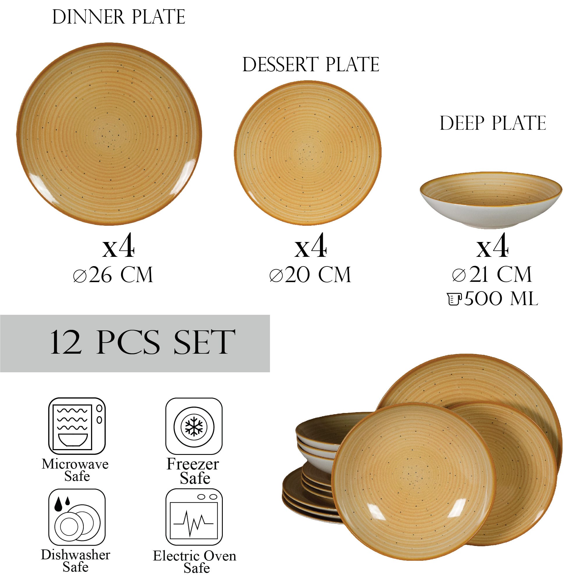 Set farfurii 12 piese, 4 persoane, Sundown, Alb Ivoire cu galben - imagine 2