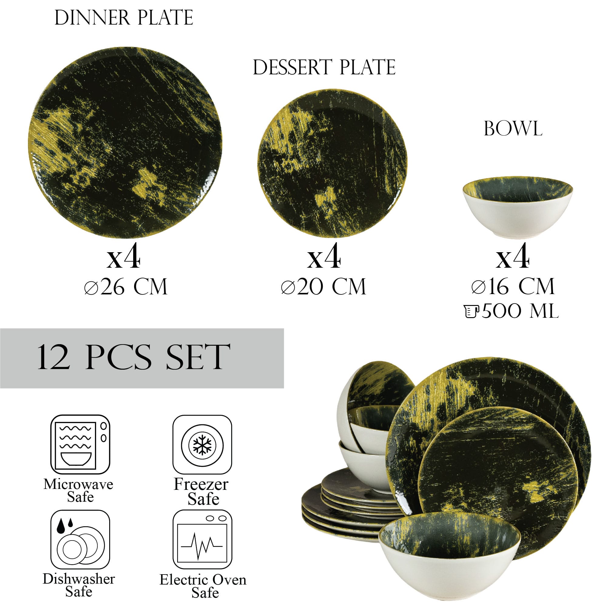 Set farfurii 12 piese, 4 persoane, Forest, Alb Ivoire cu verde, lucios - imagine 2