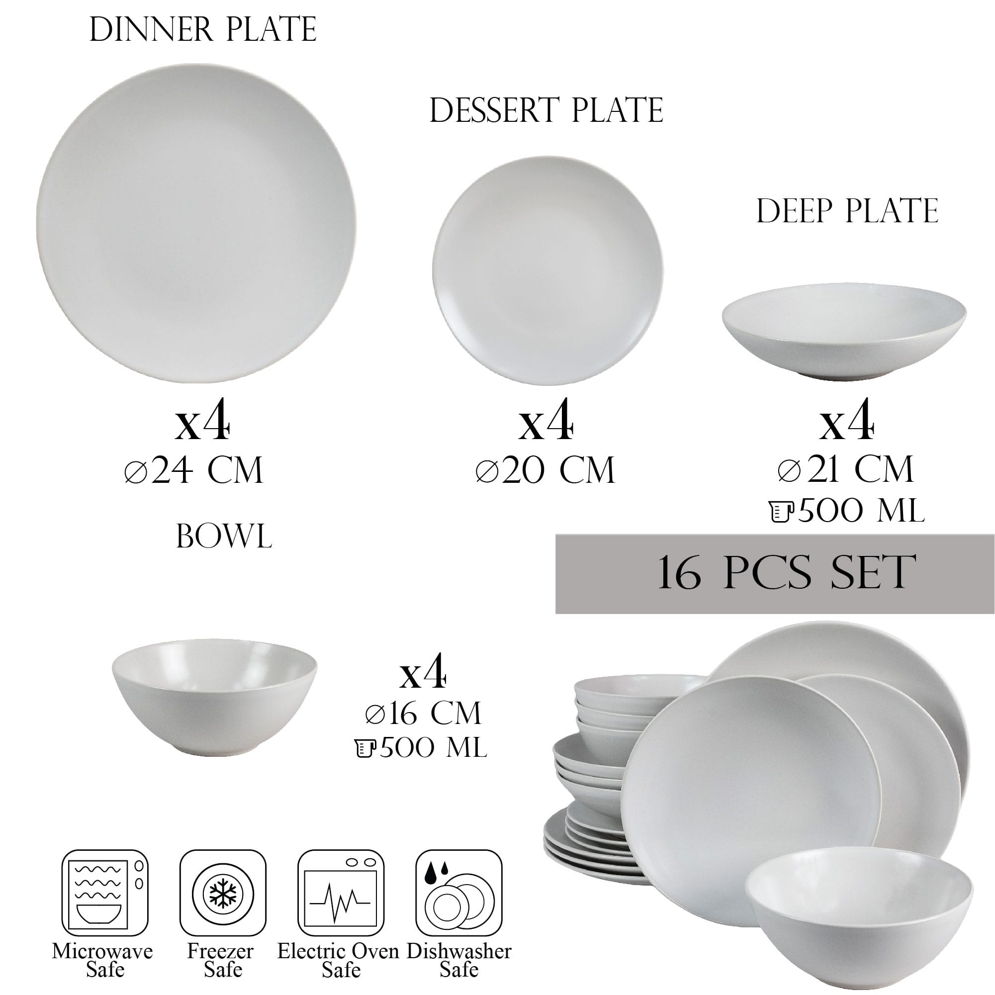 Set farfurii 16 piese, pentru 4 persoane, Snow, Cesiro, Alb Mat - imagine 2