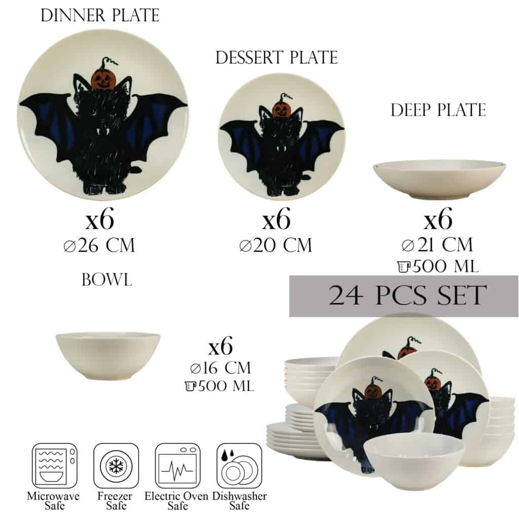 Set farfurii 24 piese, pentru 6 persoane, BatKitty, Ivoire cu Pisica - imagine 2