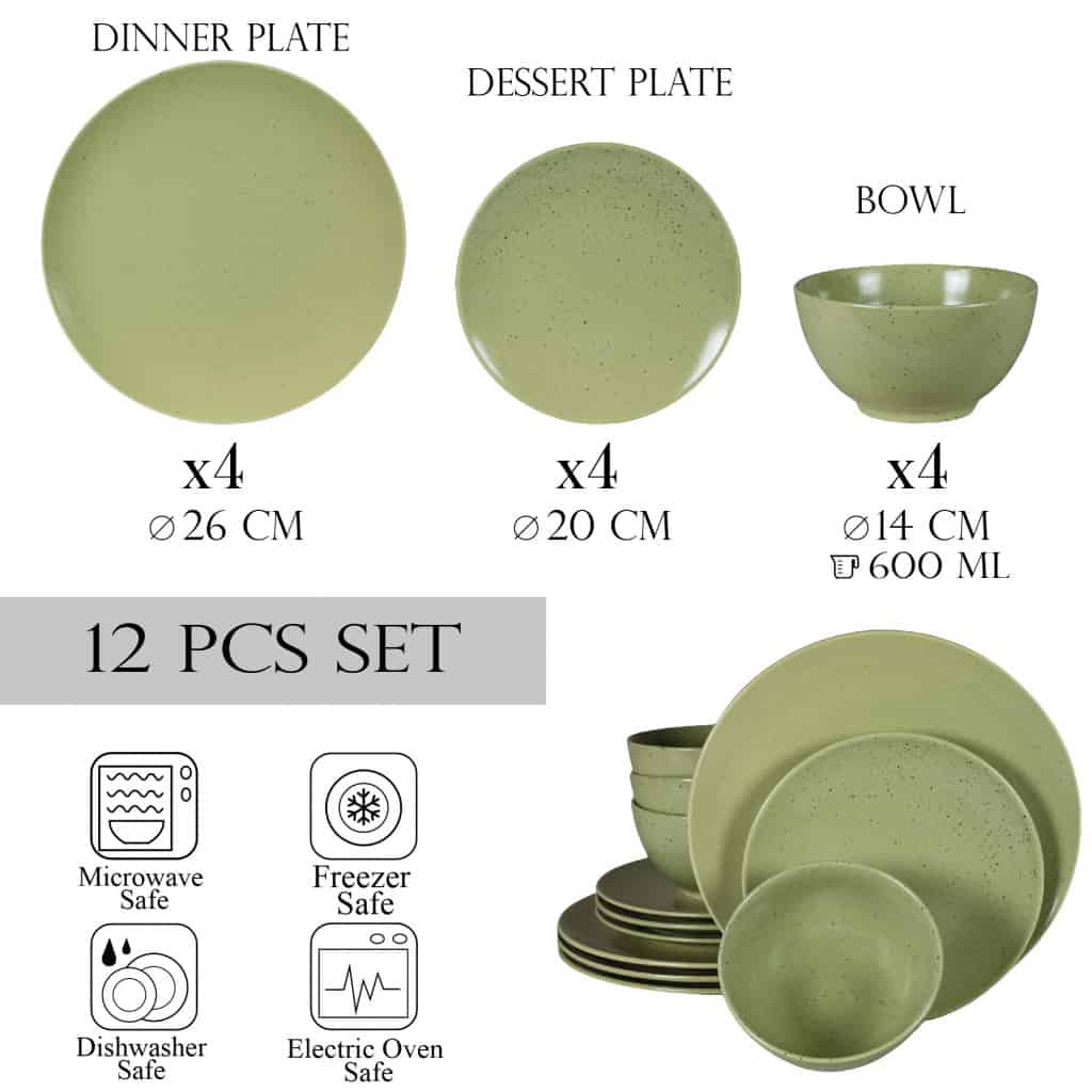 Set farfurii 12 piese, 4 persoane, Sage, Verde Mat cu puncte negre - imagine 2